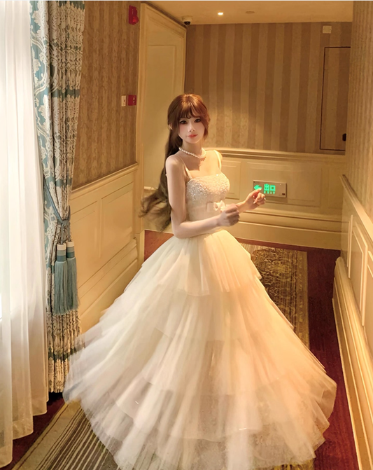 Cute Ball Gown Spaghetti Strap Beaded Layered Tulle Prom Dress 16th Birthday Dress SH4056
