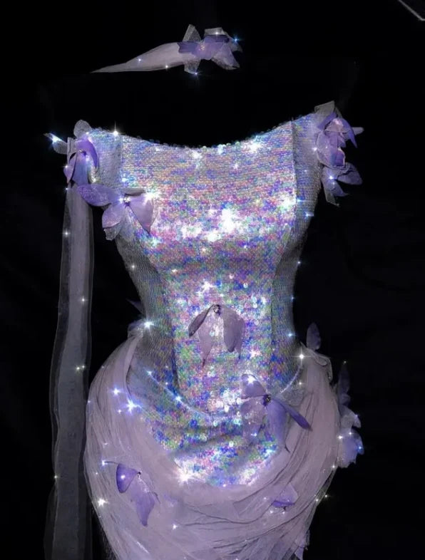Shiny Lilac Mermaid Strapless Butterfly Sequin Prom Dress Evening Dress SH7169