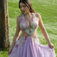 Exquisite Floral A Line V Neck Purple Chiffon Backless Prom Dress Evening Dress SH6334