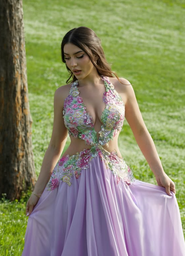 Exquisite Floral A Line V Neck Purple Chiffon Backless Prom Dress Evening Dress SH6334