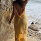 Sexy Satin Lace Splicing Long Evening Dress Yellow Prom Dress SH971