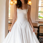 Ethereal A Line Spaghetti Strap Pleated White Chiffon Satin Long Wedding Dress SH7065