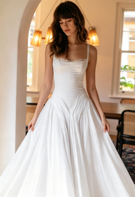 Ethereal A Line Spaghetti Strap Pleated White Chiffon Satin Long Wedding Dress SH7065