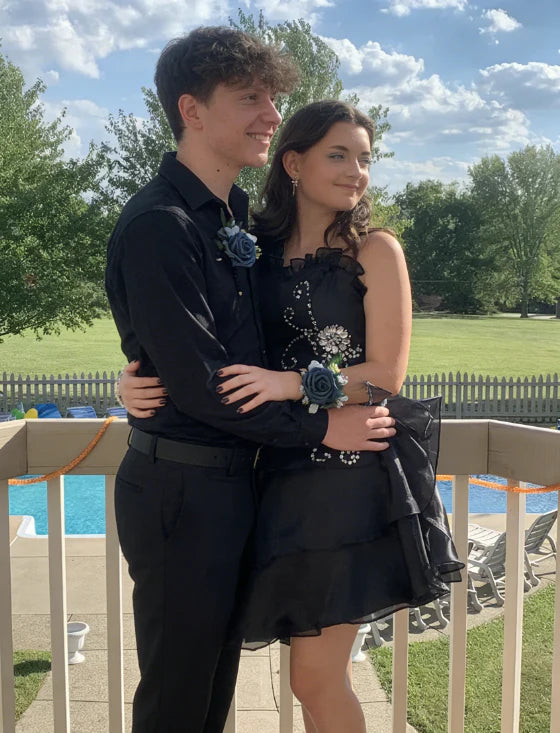 Black Chiffon Beaded Mini Satin Short Prom Dress Homecoming Dress SH10 – shinydress