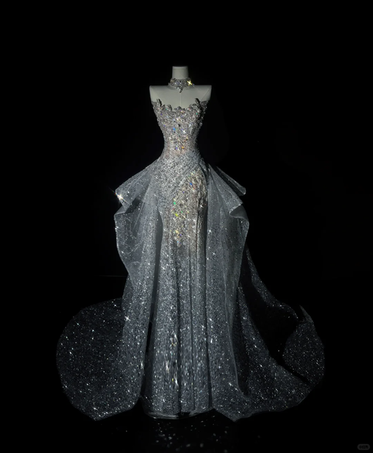 Shiny Ball Gown Sweetheart Neck Sequin Beaded Grey Tulle Prom Dress 18th Birthday Dress SH4923