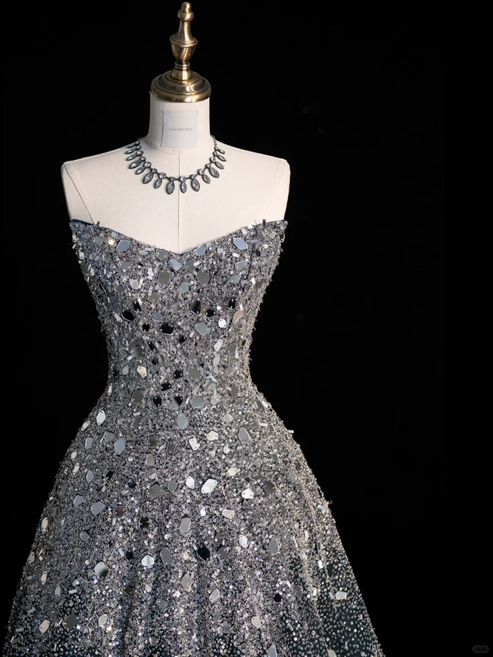 Sexy Sequin Tulle Sweetheart Sleeveless Side Slit A-Line Long Prom Dresses, PD0817