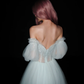 Pretty A Line Puff Sleeve Foggy Blue Tulle Long Prom Dress SH5554