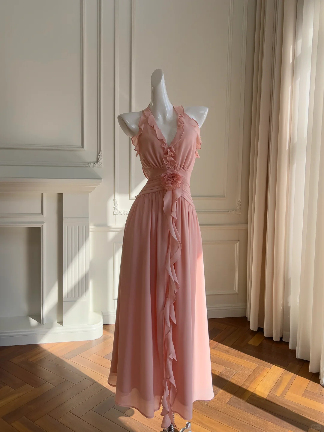 Classic A Line Halter Flower Pink Chiffon Open Back Prom Dress Wedding Guest Dress SH3020