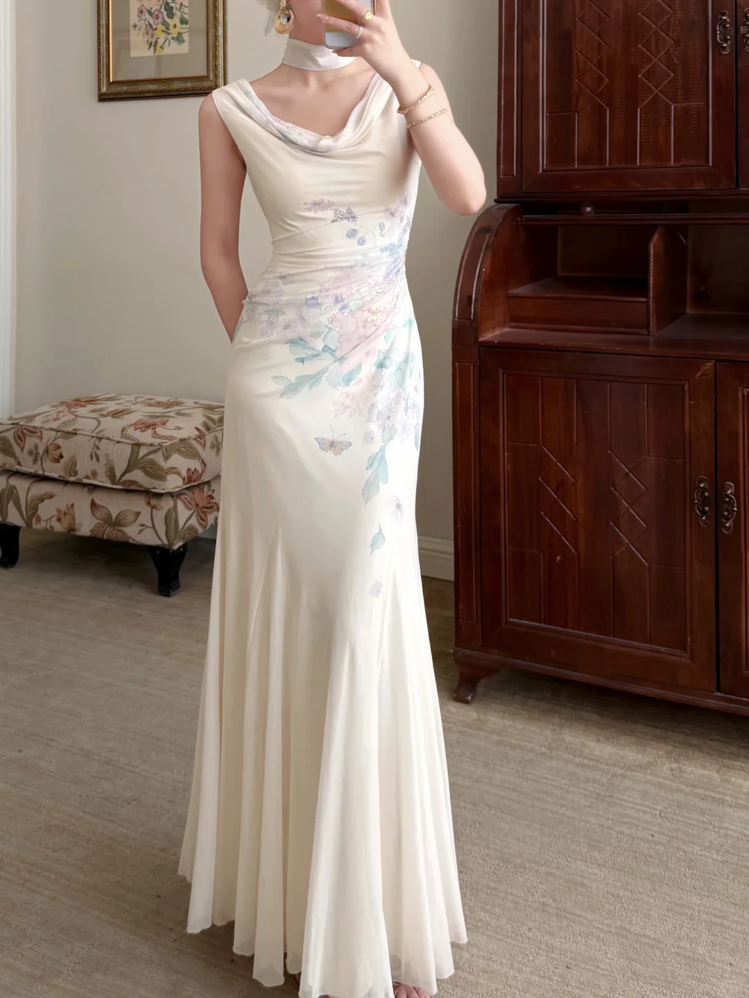 Gentle Mermaid Print Flower Ivory Chiffon Long Prom Dress Evening Dress SH6049