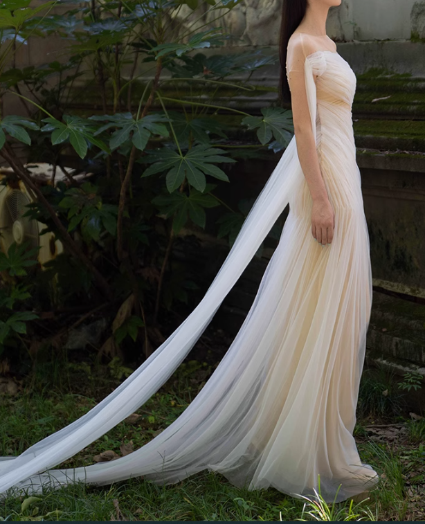Flowy Simple Ivory A Line Pleated Tulle Long Evening Dress Party Dress SH3484