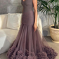 Brown Mermaid V Neck Tulle Long Prom Dress Evening Dress SH1895