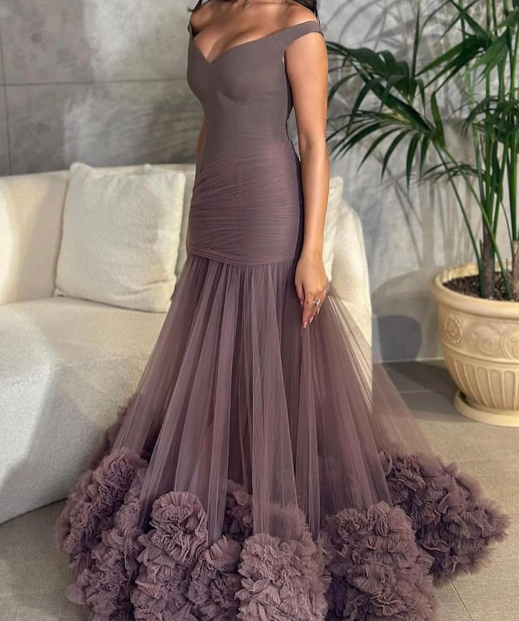 Brown Mermaid V Neck Tulle Long Prom Dress Evening Dress SH1895