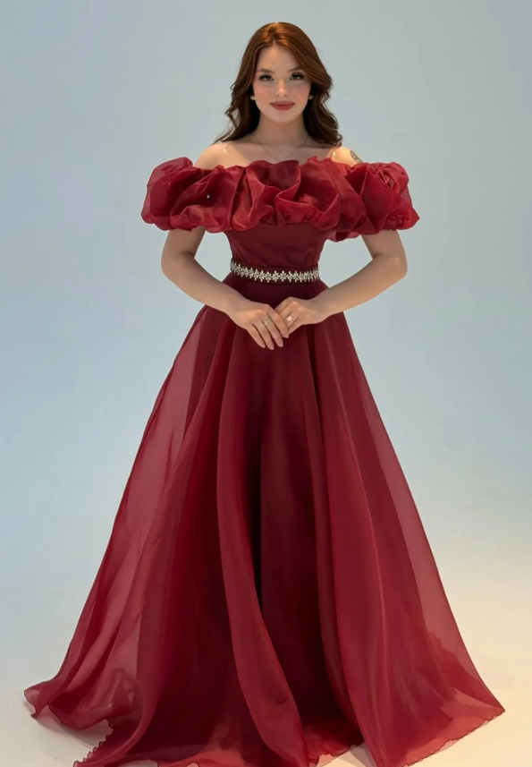 Burgundy A Line Off the Shoulder Beaded Organza Prom Dress Wedding Guest Dress SH6015