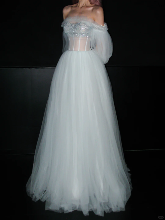 Pretty A Line Puff Sleeve Foggy Blue Tulle Long Prom Dress SH5554