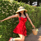 Bright Red A Line Spaghetti Strap Ruffle Chiffon Short Homecoming Dress Vacation Dress SH4154