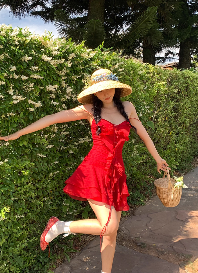 Bright Red A Line Spaghetti Strap Ruffle Chiffon Short Homecoming Dress Vacation Dress SH4154