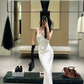 Romantic Mermaid V Neck White Lace Satin Long Prom Dress Evening Dress SH8788