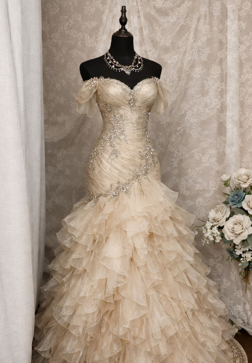 Blue Dreamy Mermaid Exquisite Beaded Layered Ruffle Tulle Prom Dress Evening Gown SH5422
