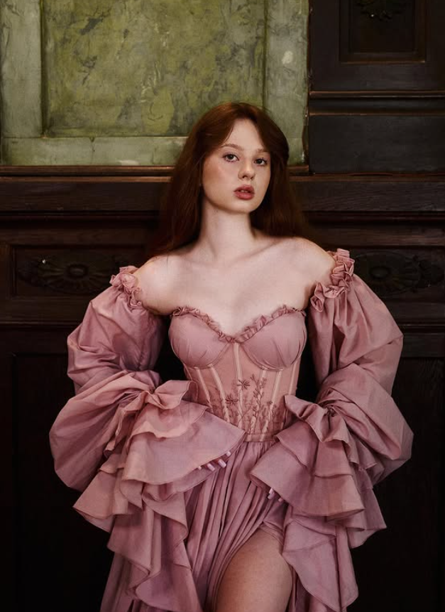 Sweety Pink A Line Long Sleeve Appliques Chiffon Slit Prom Dress Evening Dress SH6689