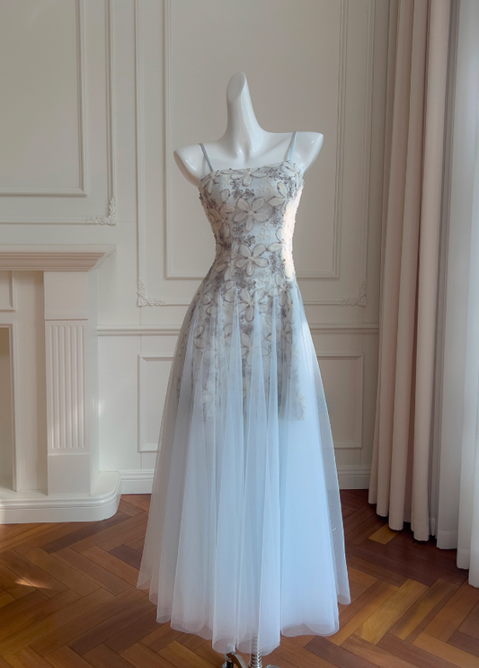 Stunning A Line Spaghetti Strap Floral Blue Tulle Prom Dress Wedding Guest Dress SH4505
