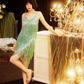 Shiny Bright Green Sequin A Line Spaghetti Strap Short Homecoming Dress Cocktail Dress SH3577