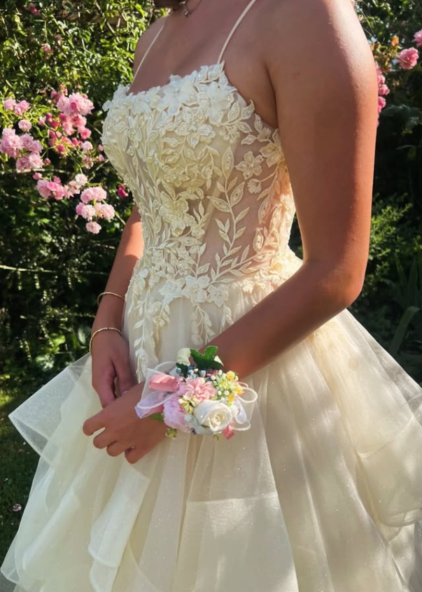 Ivory A Line Spaghetti Strap Lace Ruffle Tulle Prom Dress Birthday Dress SH9007