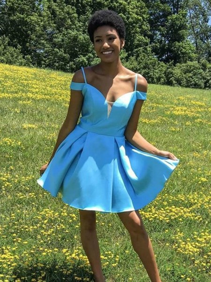 Spaghetti Strap Blue V Neck Back Satin Short Prom Dress With Bow SH660