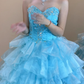 Blue Vintage Ball Gown Strapless Beaded Layered Organza Satin Long Prom Dress 16th Birthday Dress SH5213