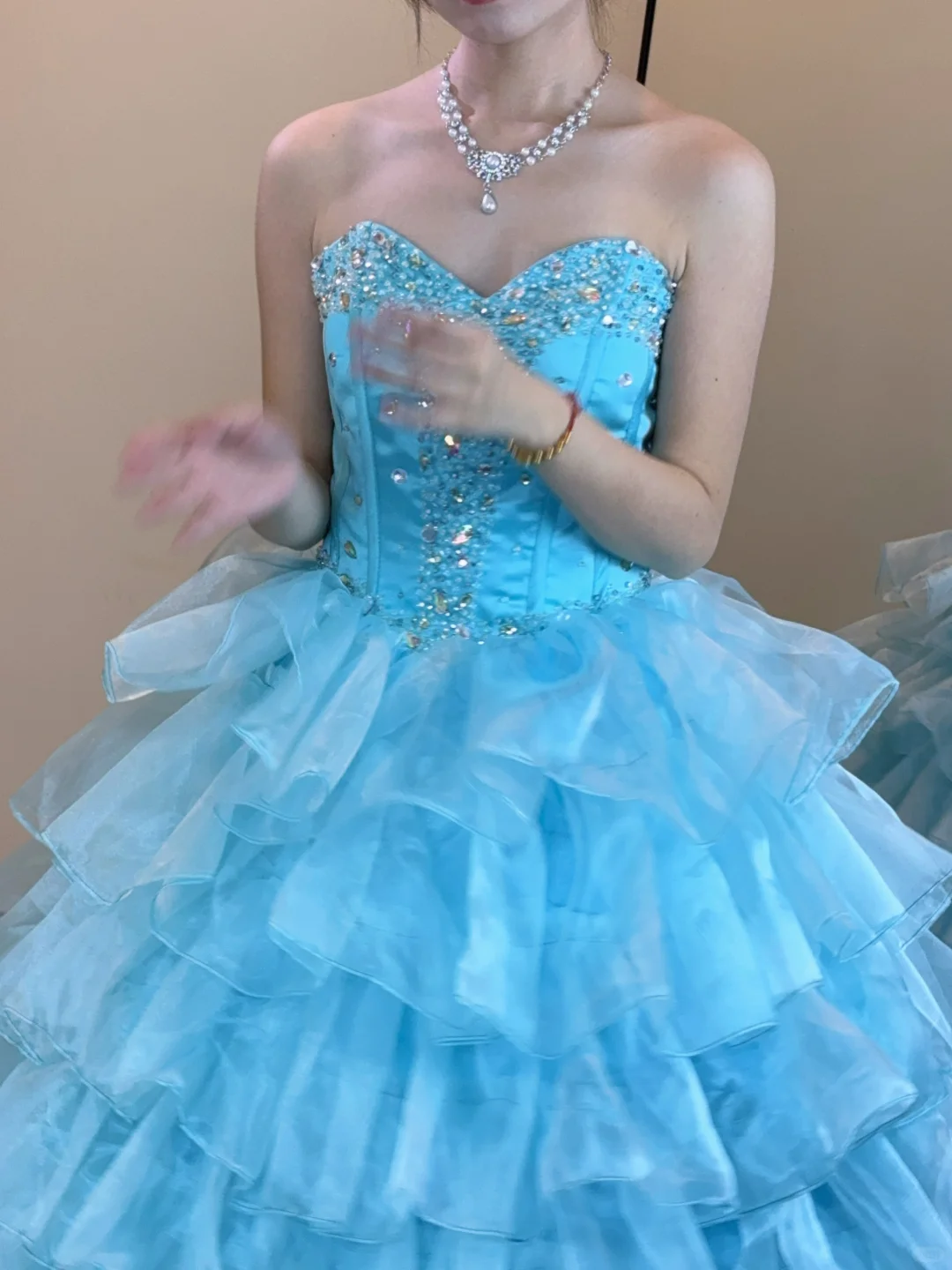 Blue Vintage Ball Gown Strapless Beaded Layered Organza Satin Long Prom Dress 16th Birthday Dress SH5213