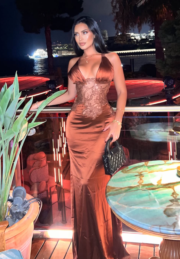 Dark Brown Sheath Halter V Neck Lace Satin Long Prom Dress Evening Dress SH8959