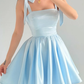 Baby Blue A Line Bow Straps Satin Short Prom Dress Homecoming Dress SH6009