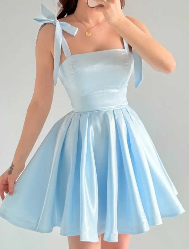 Baby Blue A Line Bow Straps Satin Short Prom Dress Homecoming Dress SH6009