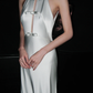 Pretty A Line Halter Bow White Satin Open Back Long Wedding Dress SH4934