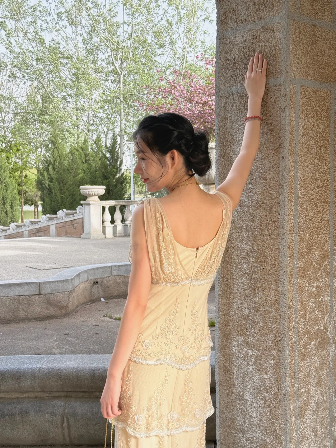 Gentle Apricot A Line V Neck Exquisite Beaded Layered Chiffon Prom Dress Wedding Guest Dress SH5436