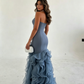 Amazing Dusty Blue Sleeveless Strapless Long Prom Dress with Ruffles SH5461