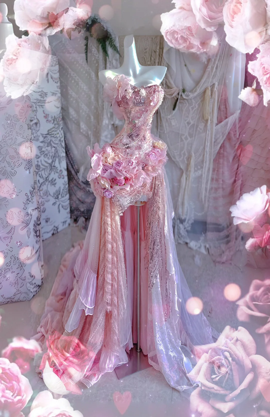 Pink Exquisite Mermaid Sweetheart Neck Floral Beaded Tulle Prom Dress 16th Birthday Dress SH4264