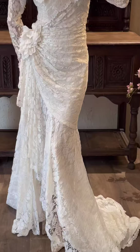 Vintage Mermaid Long Sleeve White Lace Long Prom Dress Wedding Dress SH5159