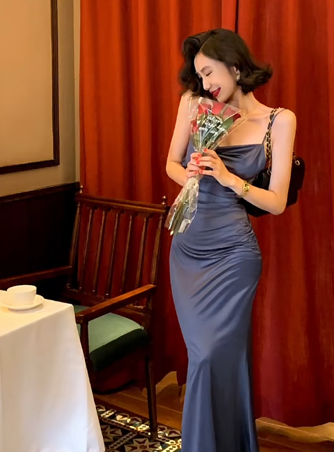 Simple Blue Mermaid Spaghetti Strap Satin Long Prom Dress Vacation Dress SH4316