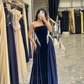 Pretty Navy Blue A Line Strapless Beaded Velvet Satin Long Prom Dress Wedding Guest Dress SH5406