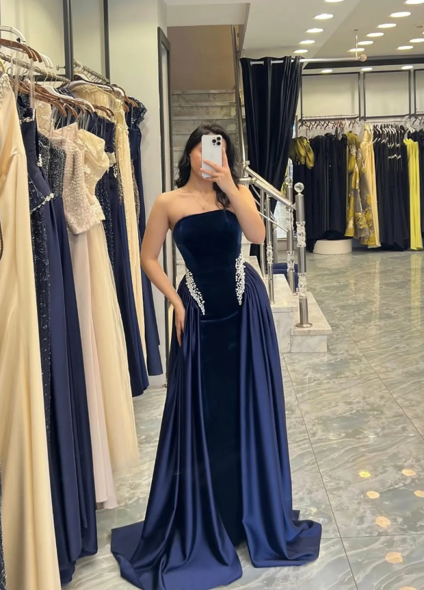 Pretty Navy Blue A Line Strapless Beaded Velvet Satin Long Prom Dress Wedding Guest Dress SH5406