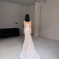 Apricot Sheath Strapless Lace Long Train Wedding Dress SH7723