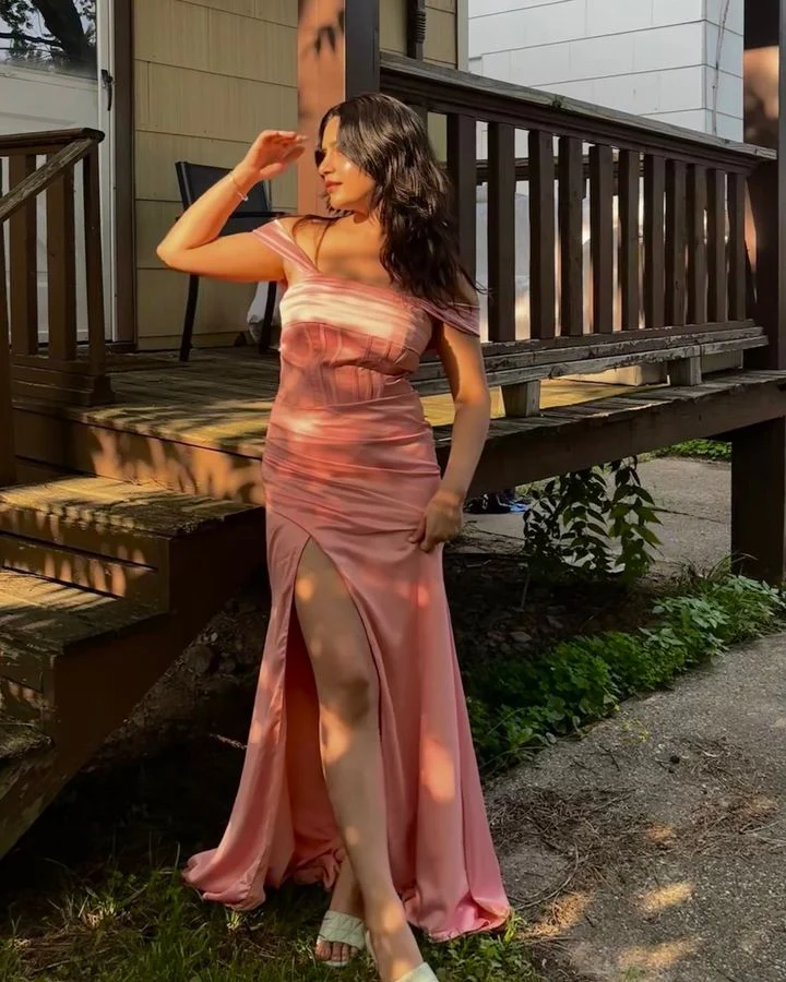 Beautiful Pink Off Shoulder Slit Long Prom Dress Evening Dress SH1511