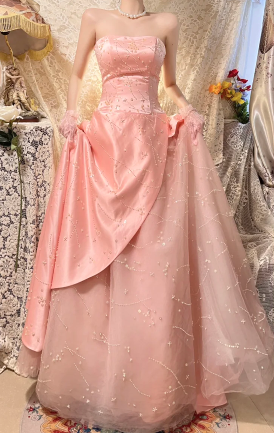 Princess Pink A Line Strapless Beaded Satin Tulle Long Prom Dresses 16th Birthday Dresses SH4636