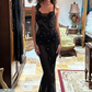Sexy Mermaid Straps Appliques Rhinestone Black Tulle Open Back Evening Dress Prom Dress SH1937