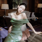 Elegant Mermaid Off the Shoulder Green Satin Long Prom Dress SH5205