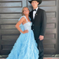 Light Sky Blue Princess Tulle Ruffle Straps Tiered Long Prom Dress SH740