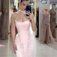 Light Pink Sheath Strapless Lace Chiffon Prom Dress SH4793