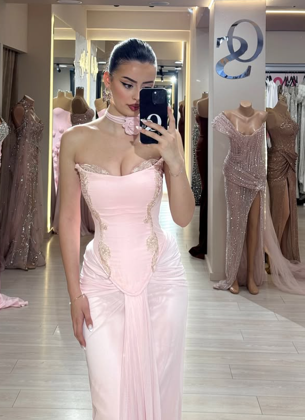 Light Pink Sheath Strapless Lace Chiffon Prom Dress SH4793