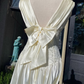 Retro Ivory Bow A Line Straps Lace Satin Wedding Dress Prom Dress SH5940