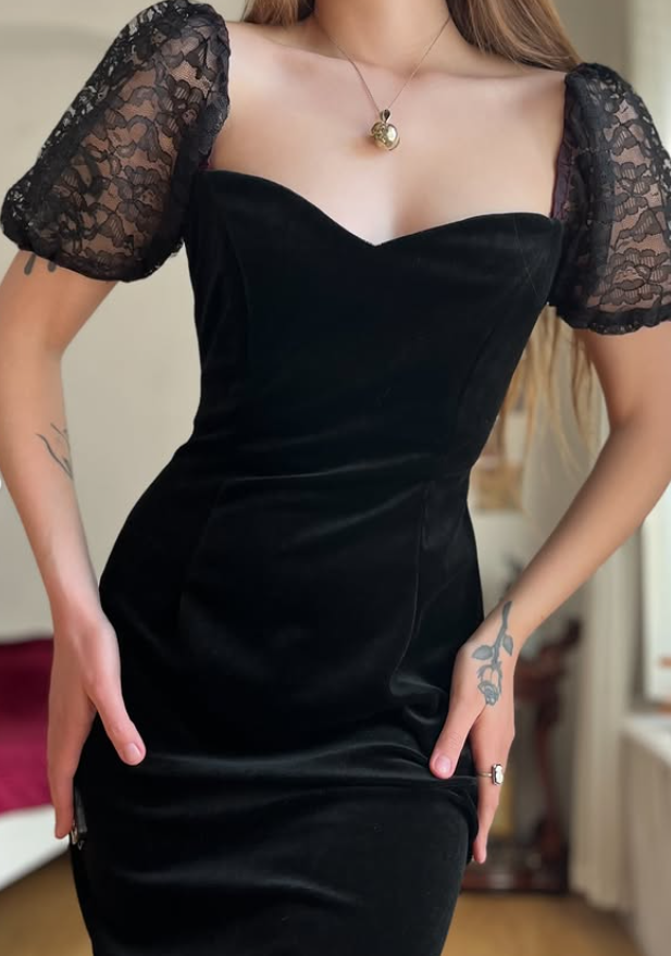 Vintage Sheath Puff Sleeve Black Velvet Knee Length Prom Dress Evening Dress SH6078